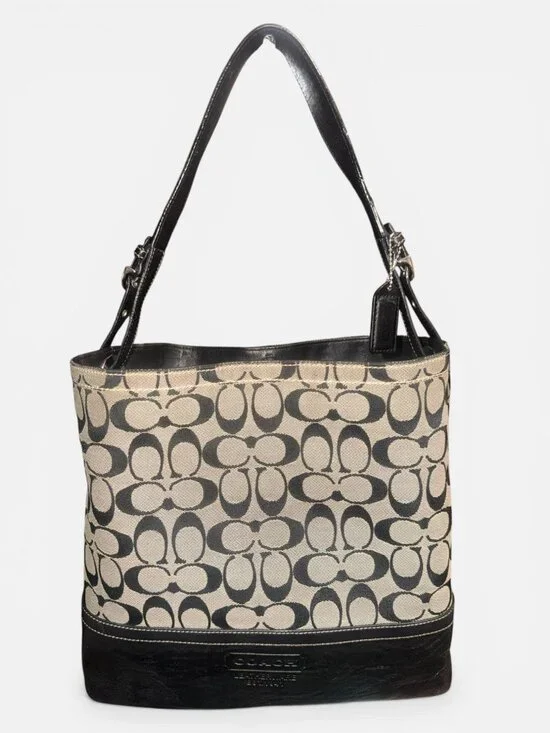 Coach Signature Bucket Tote F12518 Black Canvas Leather Shoulder Bag Carryall - Picture 4 of 10